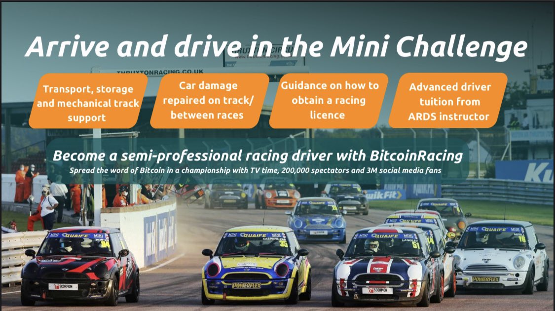 bitcoin_racing's tweet photo. We are happy to announce that all of our #bitcoin  city car cup cars will be on track in April with new drivers! @prem_zbd @JasonADeane @freeourmoney and @andrewebb95 

Who do you think will be the fastest bitcoiner? 

you still can still race with us in the @MINIChallengeUK 👇 https://t.co/Qir5EA1Adm