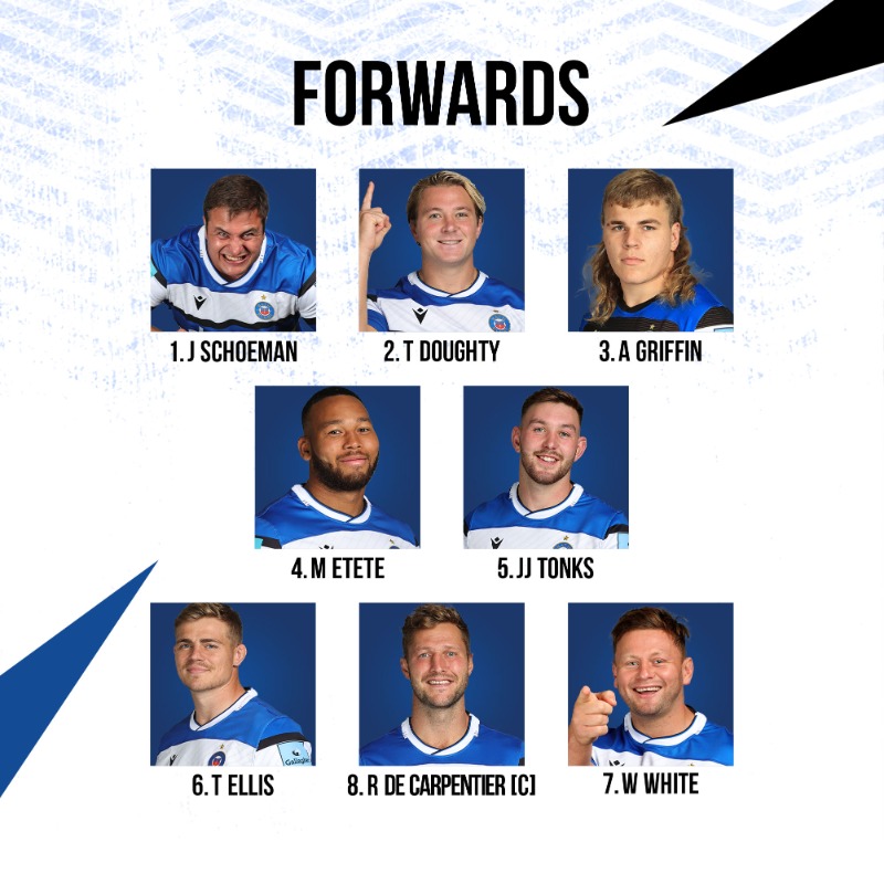 BathRugby's tweet photo. 𝙏𝙀𝘼𝙈'𝙎 𝙐𝙋! 💥

A first senior start for Archie Griffin in a team captained by @RichDC08. 🔵⚫️⚪️

@TomCarr_Smith and @georgeworboys10 will also pair up in the half-back positions, with @GlanvilleTom and Will Butt outside them on the wings.