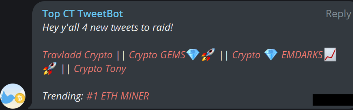 Termi9ator's tweet photo. TopCT TweetBot https://t.co/0Tlnf3inoI is currently up in about 160+ groups in less than 22days! 

TopCT TweetBot sends LATEST tweets from top Crypto Twitter(CT) influencers 24/7 in every telegram community, for FREE

P.S Ad spots are open! https://t.co/jiMn8RfTA0