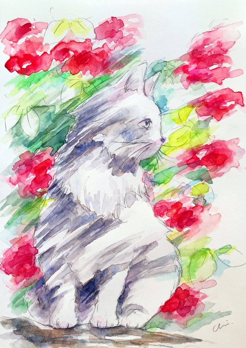 no humans animal focus traditional media flower cat signature painting (medium)  illustration images