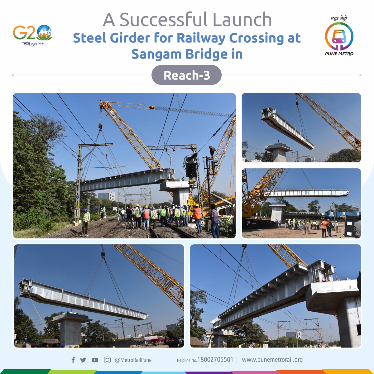 metrorailpune's tweet photo. A Launch of a Steel Girder for the Railway Crossing at Sangam Bridge, for Metro Viaduct, in Reach-3 (Ramwadi to Civil Court) is been done on 02nd & 03rd January 2023.
#PuneMetro #GreenMetro #AaliApliMetro #WorkingUpdate https://t.co/IIhYIvMZTD