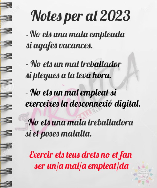 somlacronica's tweet image. 🟢 NOTES PER AL 2023 🟢
✔️Exercir els drets i llibertats no han de suposar un problema ni t'han de fer sentir malament.
💪Els drets no es defensen, s'exerceixen!
#drets #ccoo #llibertats #empleats #sindicalisme