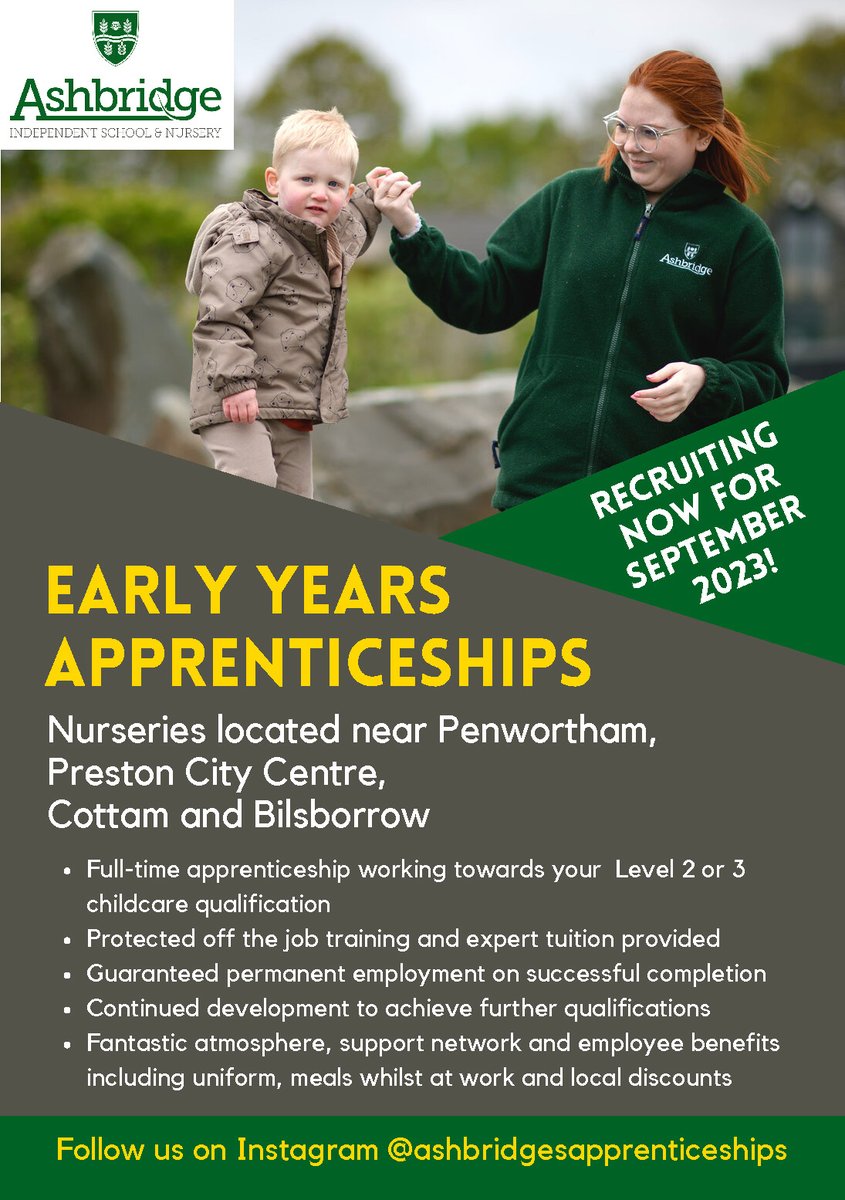 PriorySTC's tweet photo. Apprenticeships in Childcare - 

For Year 11 pupils wishing to pursue a career in early years education, Ashbridge Nursery is looking for 2023 leavers to join their accredited apprenticeship scheme.  

Info at https://t.co/AqZiOA8iyI https://t.co/2FD8Cylri2