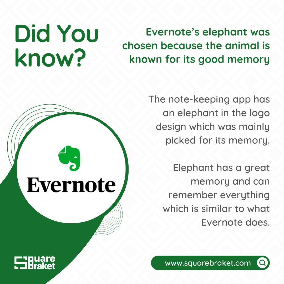 Note-keeping app Evernote’s elephant was chosen because the animal is known for its good memory.

#squarebraket #logo #logodesignservice  #logomaking #logodesignersclub #logodesignchallenge #DidYouKnow #doyouknow #UnknownFacts #evernote #notekeeping #app #notekeepingapp