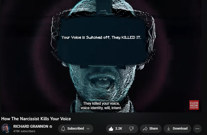 34,017 views  Premiered on 30 Dec 2022  #RichardGrannon #Narcissism #Abuse
The Narcissist Colonizes your mind,
The Narcissist robs you of your voice, your zest for life, and your very life force
In this video, I will discuss how the Narcissist robs you of your voice (Which symbolizes your intent, and life force) using the Myth of Echo and Narcissus to guide you through the process,

and most importantly how you can begin to reclaim your voice and reclaim your life. 
▬▬▬▬▬▬▬▬▬▬▬
🔴 New Course: Unplug From The Matrix Of Narcissism:
 https://www.richardgrannon.com/unplug... 
▬▬▬▬▬▬▬▬▬▬▬
Timestamps:
▬▬▬▬▬▬▬▬▬▬▬
🔴 Get your free "Stop Emotional Flashbacks" Course now at:
https://www.spartanlifecoach.com/ 

📖 Purchase "A Cult of One": 
https://www.amazon.com/Cult-One-Depro...
▬▬▬▬▬▬▬▬▬▬▬
Follow Richard Grannon:

🔔 SUBSCRIBE FOR MORE: 
https://www.youtube.com/c/RICHARDGRAN...

✚ TIKTOK:
https://www.tiktok.com/@richardgrannon0

✚ INSTA:
https://www.instagram.com/richard.gra...

✚ FACEBOOK:
h