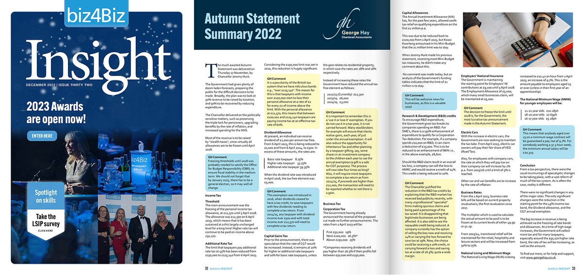 Read the 'Autumn Statement Summary 2022' from George Hay Chartered Accountants in the latest biz4Biz Insight magazine.

Visit: rb.gy/al16nr

@georgehayca #autumnstatement #budget2022 #budget #autumnstatement2022