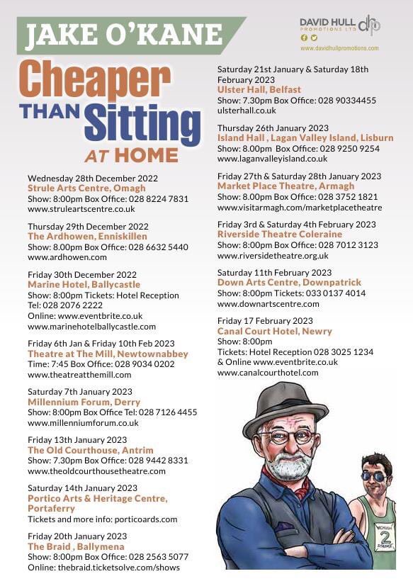 JAKE O’KANE: The #CheaperThanSittingAtHome tour has begun. Jake brings his brand new show to theatres across #NorthernIreland - don't miss out, call your local theatre box-office and book tickets now. #JakeOkane #SupportLocalComedy #OnSaleNow