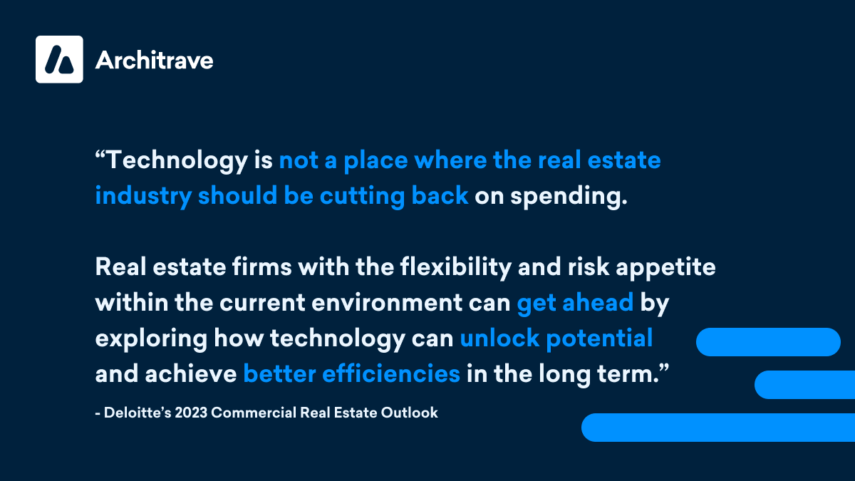 According to Deloitte, the CRE companies that’ll prosper in 2023 will be those that harness the power of technology 💪. 

Book a demo of our product suite and we’ll show you how we can help you reach your ambitious 2023 targets: architrave.de/book-a-demo