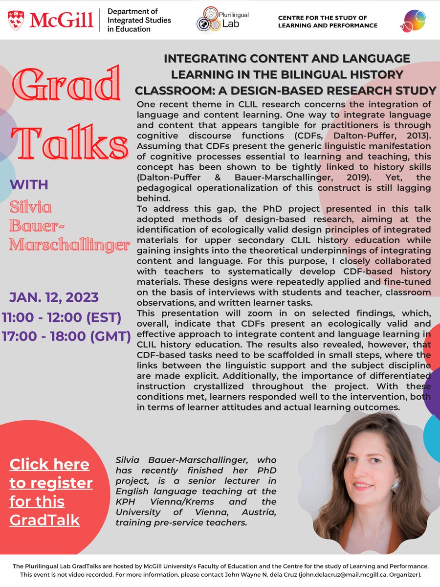 PlurilingualLab's tweet photo. Join us for our next Plurilingual Lab #GradTalk on January 12, 11am-12pm (EST) via Zoom💻
Silvia Bauer-Marschallinger of the University of Vienna will talk about her PhD research with CLIL in bilingual classes. All are welcome!
Free registration here⬇️
https://t.co/AZgc9xcZEE https://t.co/7Xed9R0Z9z