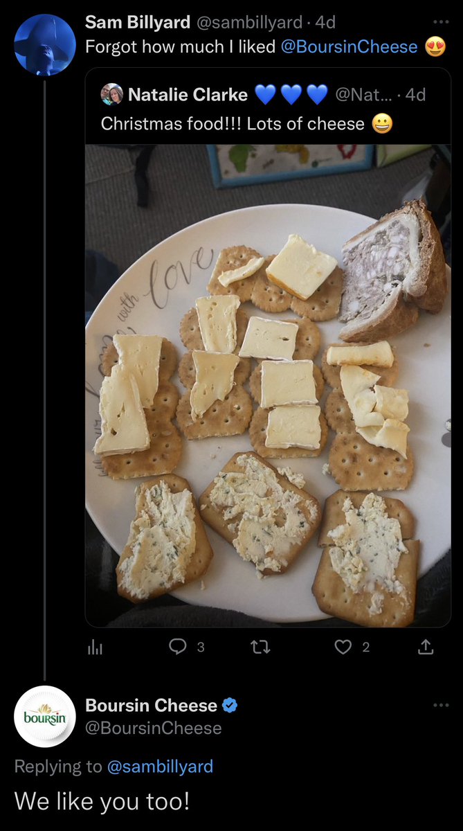 sambillyard's tweet photo. Too much beef already this year so thought I would even it up with some exciting cheese news. @BoursinCheese likes me 😀 #cheese #notbeef https://t.co/Lalnz4qbjS