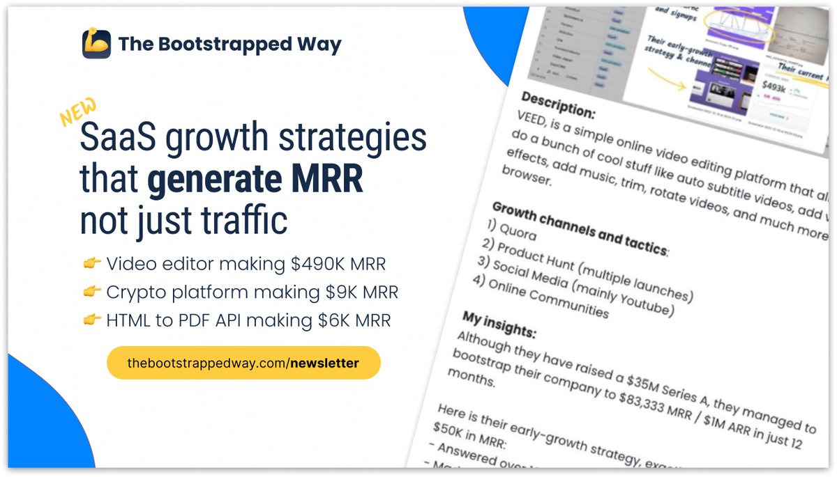 DPirciu's tweet photo. Tomorrow I'll explain how a video editing platform that makes $490K per month generated its first $50K in MRR.

In this week's newsletter, we have:
👉 Video editor making $490K MRR
👉 Crypto platform making $9K MRR
👉 HTML to PDF API making $6K MRR https://t.co/ZLI6GMbQz9