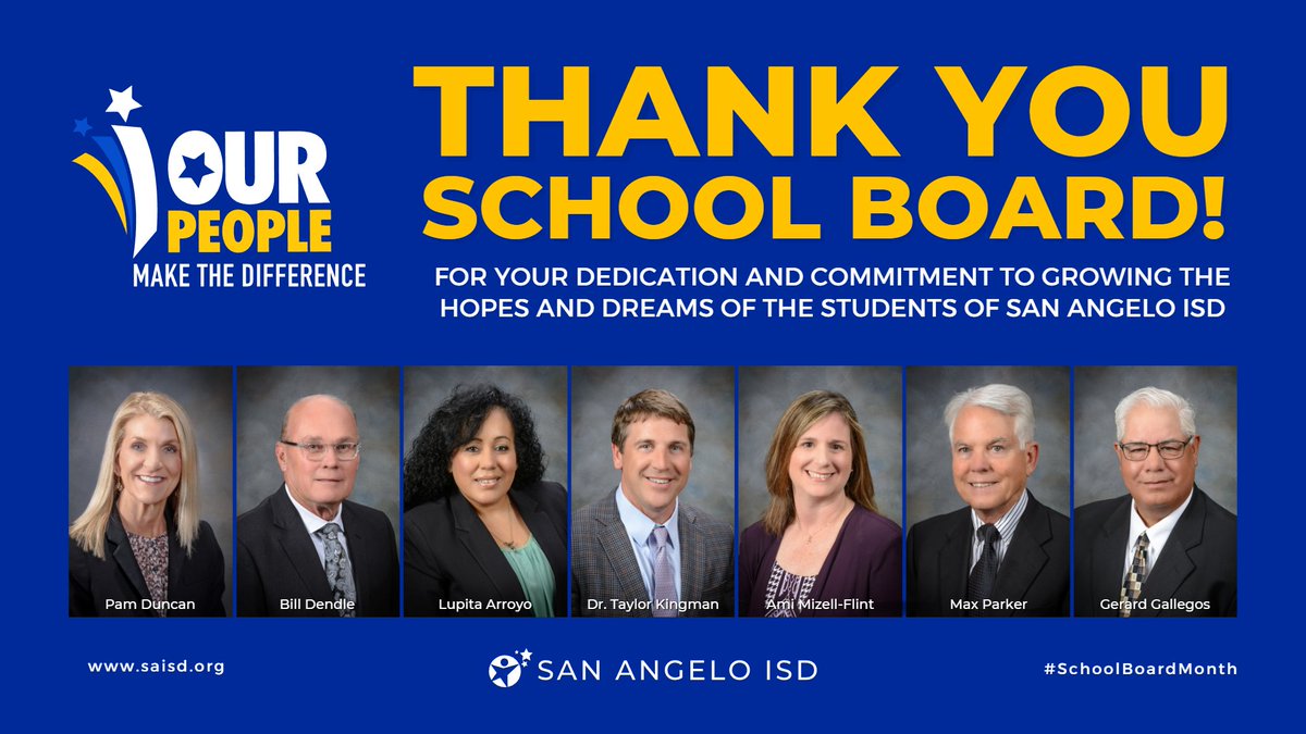 Each January, we celebrate School Board Recognition Month to recognize our Trustees for their commitment to the children of San Angelo, and to our mission of engaging all students in a relevant and inspiring education. Join us in thanking our Board Trustees. #SchoolBoardMonth
