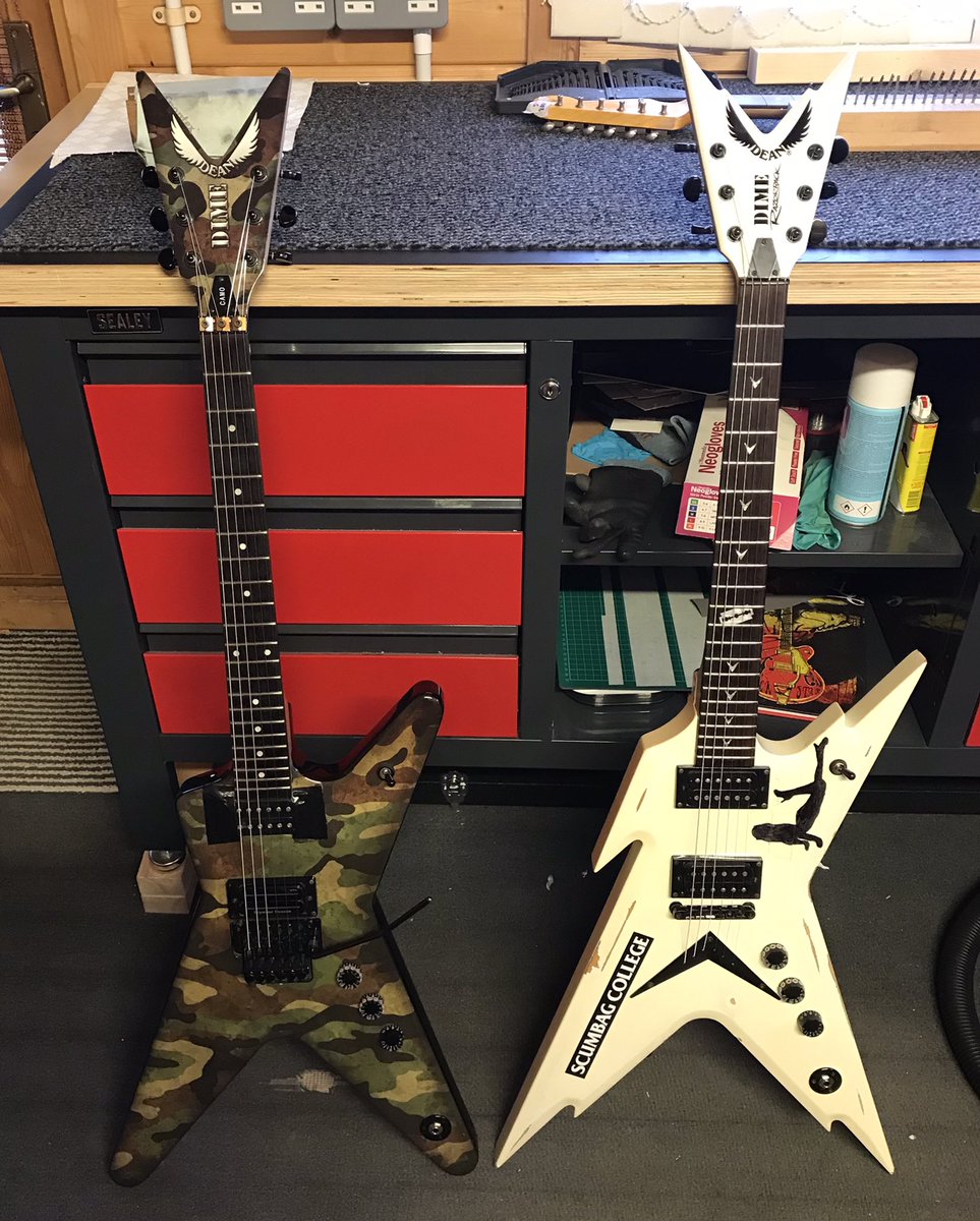 L-R: Bigsby install &amp; fret dress on Gibson special LP, re-fret on Gretsch Country Classic, fret dress stainless frets on Ernie Ball MM, 2x Deans both fret dressed &amp; various electrical issues sorted. #gretschguitars #musicmanguitars #deanguitars