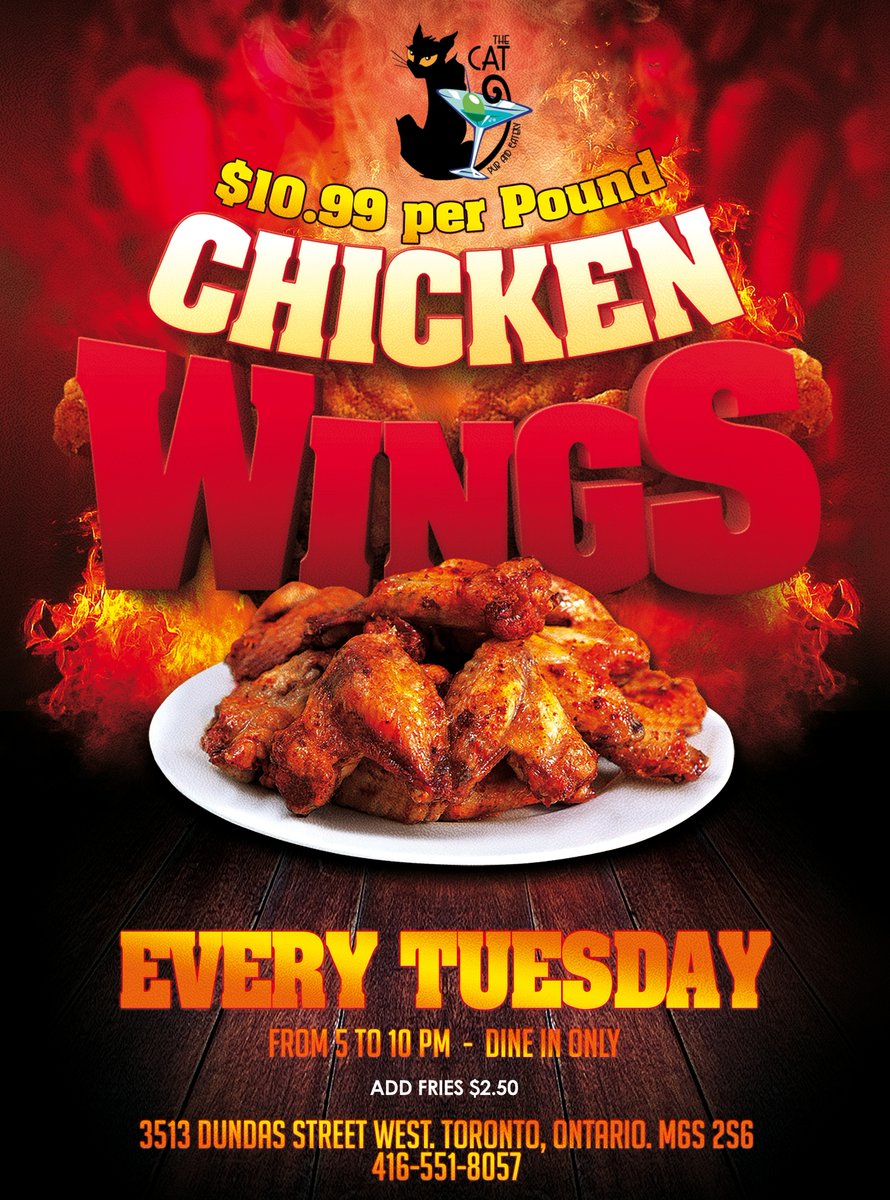 Wing it Tuesdays at the Cat Pub &amp; Eatery!
Do you want to get wings for less? Join us every Tuesday to get 1 pound of wings for only $10.99! Choose one of your favourite sauces like Suicide, Hot, Medium, BBQ, Cat Dry Rub, or Mild. 3513 Dundas Street West, Toronto