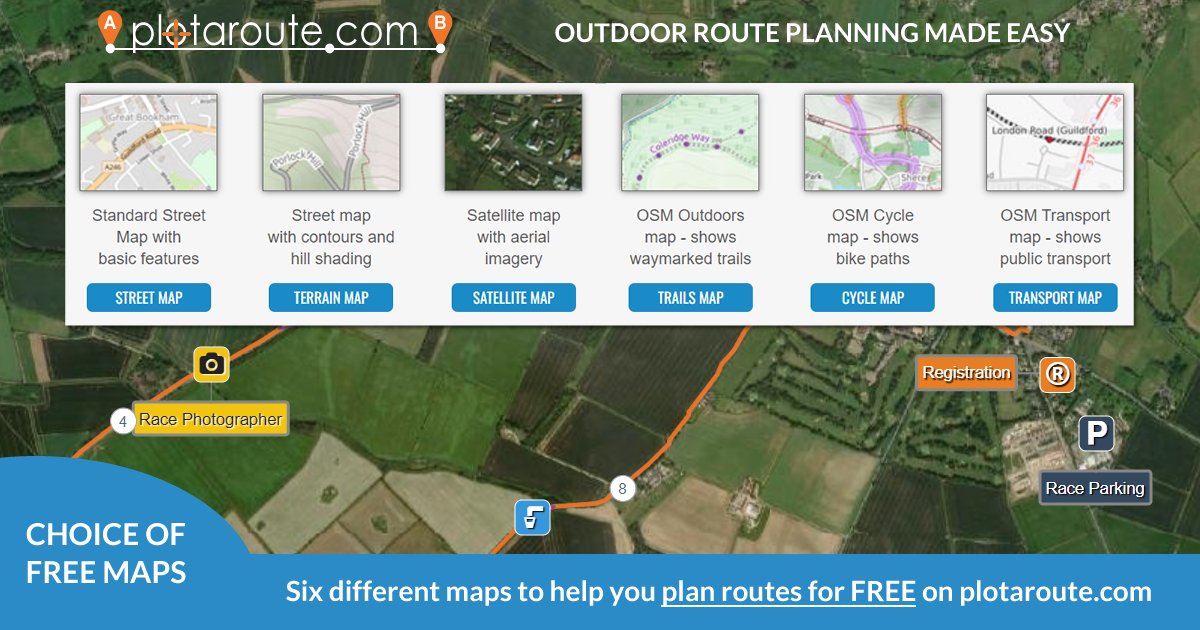 plotaroute's tweet image. We&apos;ve extended the range of maps available for free on @plotaroute. There are now six different types of map to choose from, with more available under our very competitively priced Premium membership.

More at: wwww.plotaroute.com/news

#MakingRoutesMadeEasy