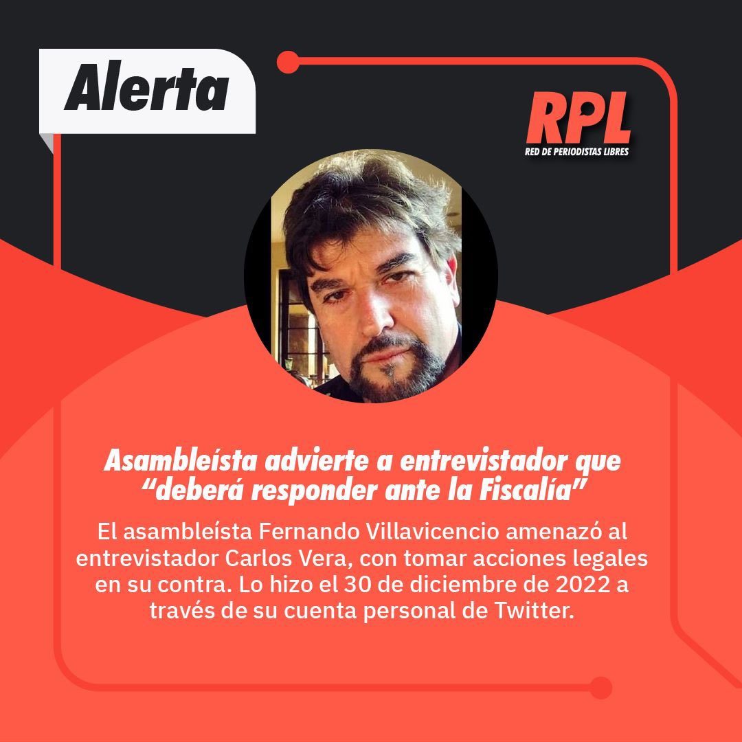 RPLEC's tweet photo. #Alerta🚨Asambleísta @VillaFernando_ advirtió a @Vera_ASuManera que deberá responder ante la Fiscalía. La #RPL condena el uso del sistema judicial en contra de un comunicador con fines intimidatorios. https://t.co/GSV3vVMLc5