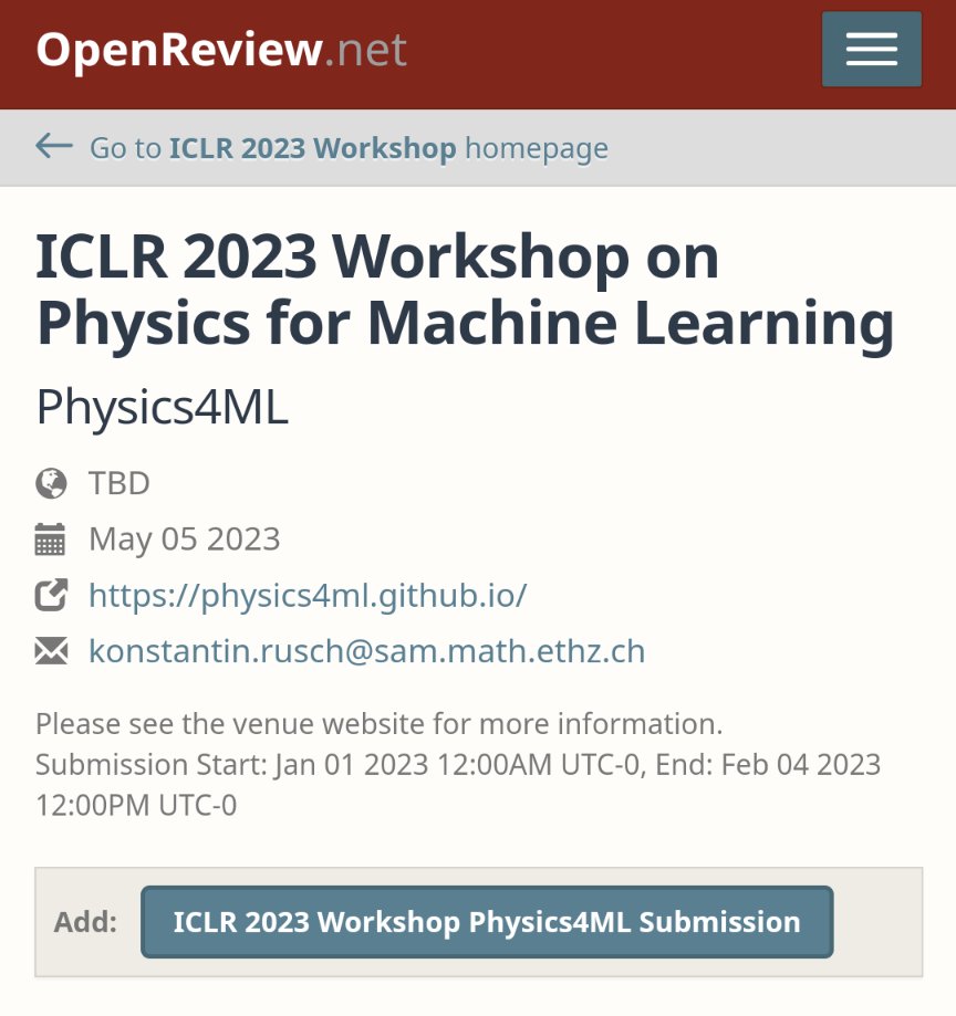 Our #ICLR2023 workshop on Physics4ML is now open for submissions🔥 Link:openreview.net/group?id=ICLR.… If you're not sure whether your topic is a good fit for the workshop, you can reach out to me or my co-organizers: @ask1729 @PatrickKidger @DrBPChamberlain @EBezenac @ElisevanderPol