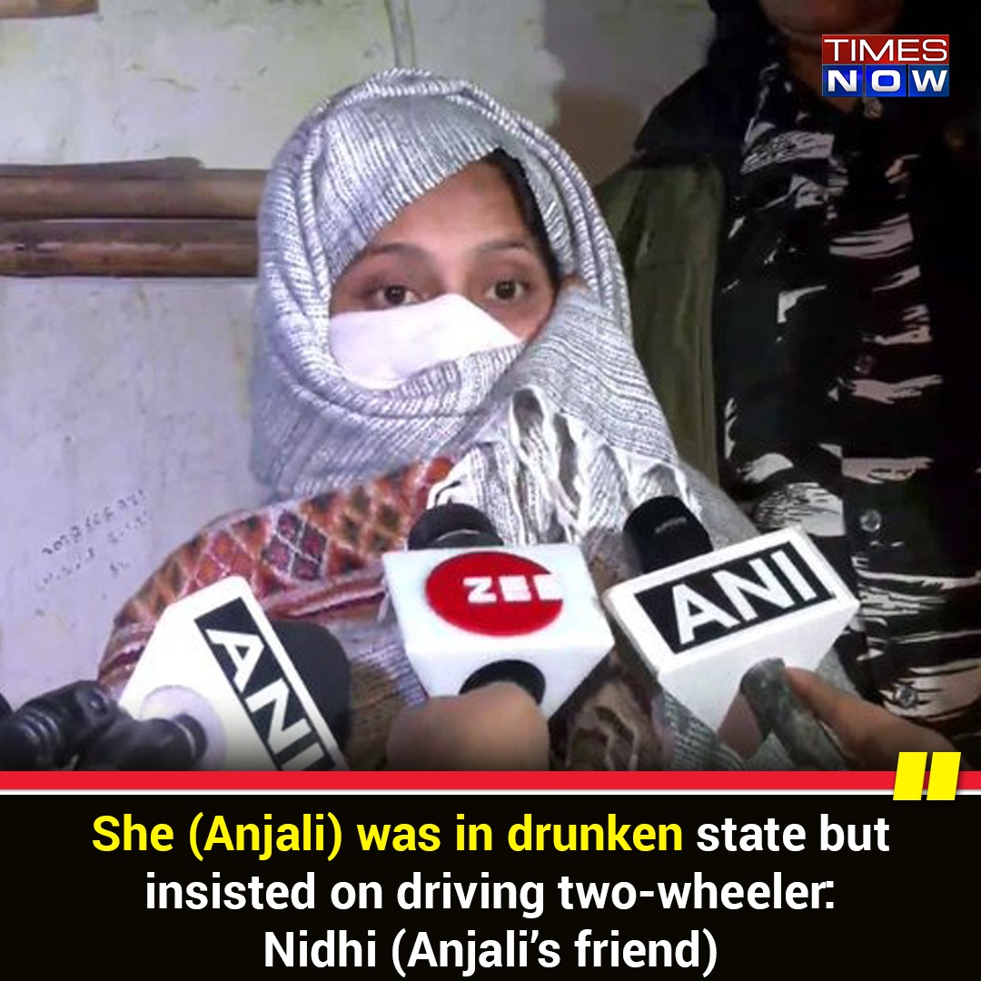 TimesNow's tweet photo. She was in a drunken state but insisted on driving the two-wheeler. After being hit by the car, she came under the car, got dragged with it. I was scared &amp; went away from there, didn't tell anything to anyone: Nidhi, Anjali's friend.

#DelhiHorrorVideo https://t.co/G6nbGpgLN1