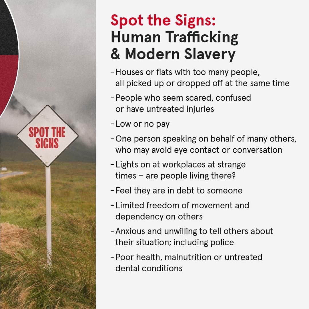 January is the United States National Human Trafficking &amp; Slavery Prevention Month. It is a month to celebrate the efforts of survivors, organizations, and law enforcement around the globe and a month to raise awareness of this ever-growing crime. Do you know the signs?