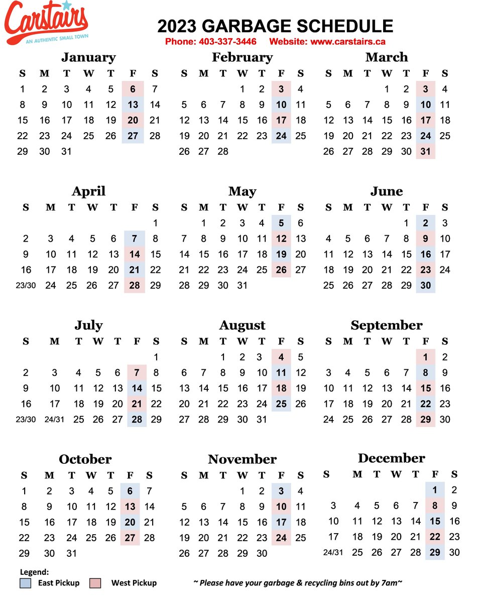 2023 Garbage and recycling pick up schedule