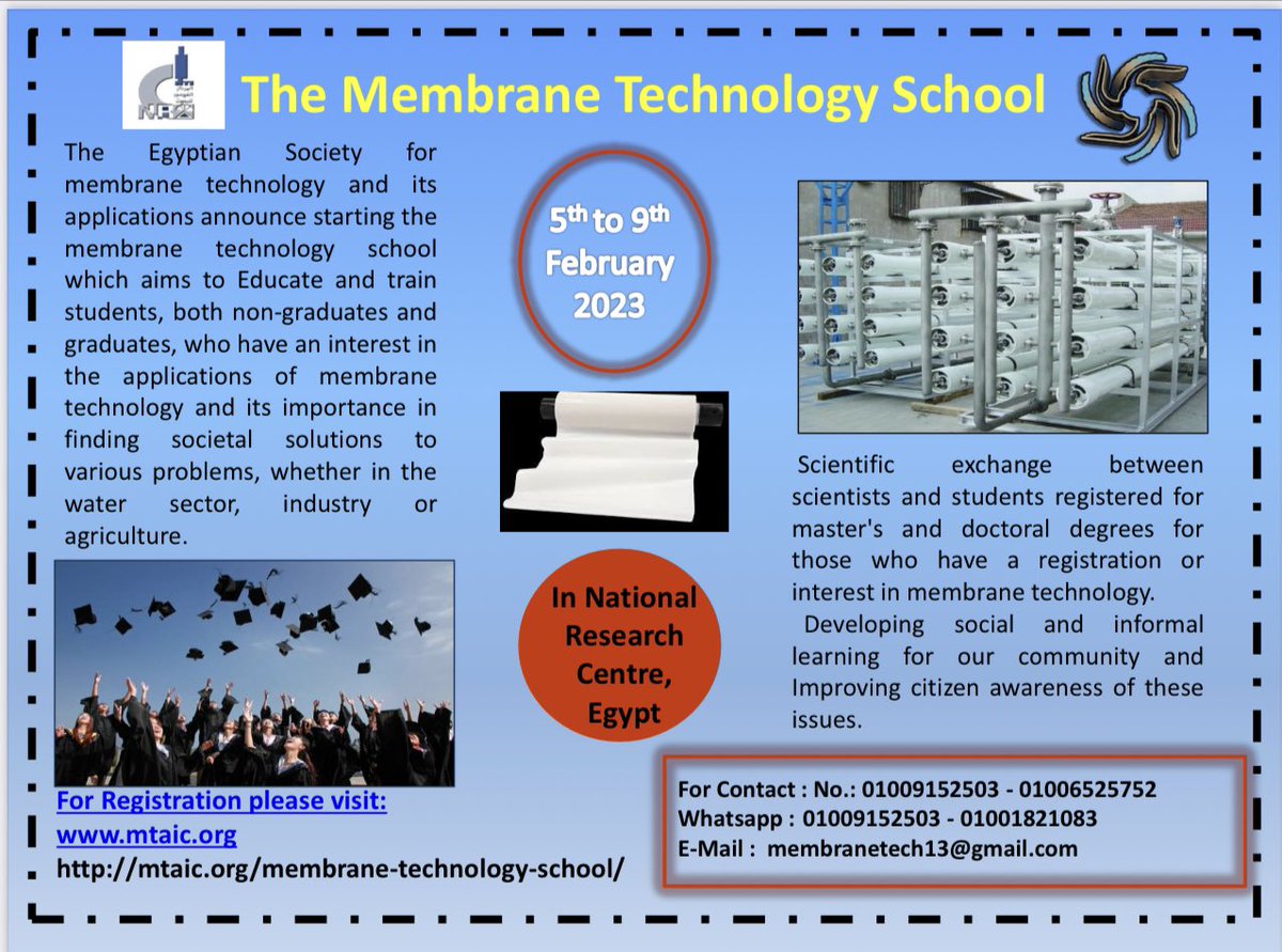 DMarwa's tweet photo. It’s our great pleasure to invite undergraduate, https://t.co/MEP12DAXLb., PhD students to attend physically or online on winter Membrane school which will be held in the National Research Centre next February 2023 by The #Egyptian Society for #membranes https://t.co/TLi22Yo8LP https://t.co/zzu44xDBZf
