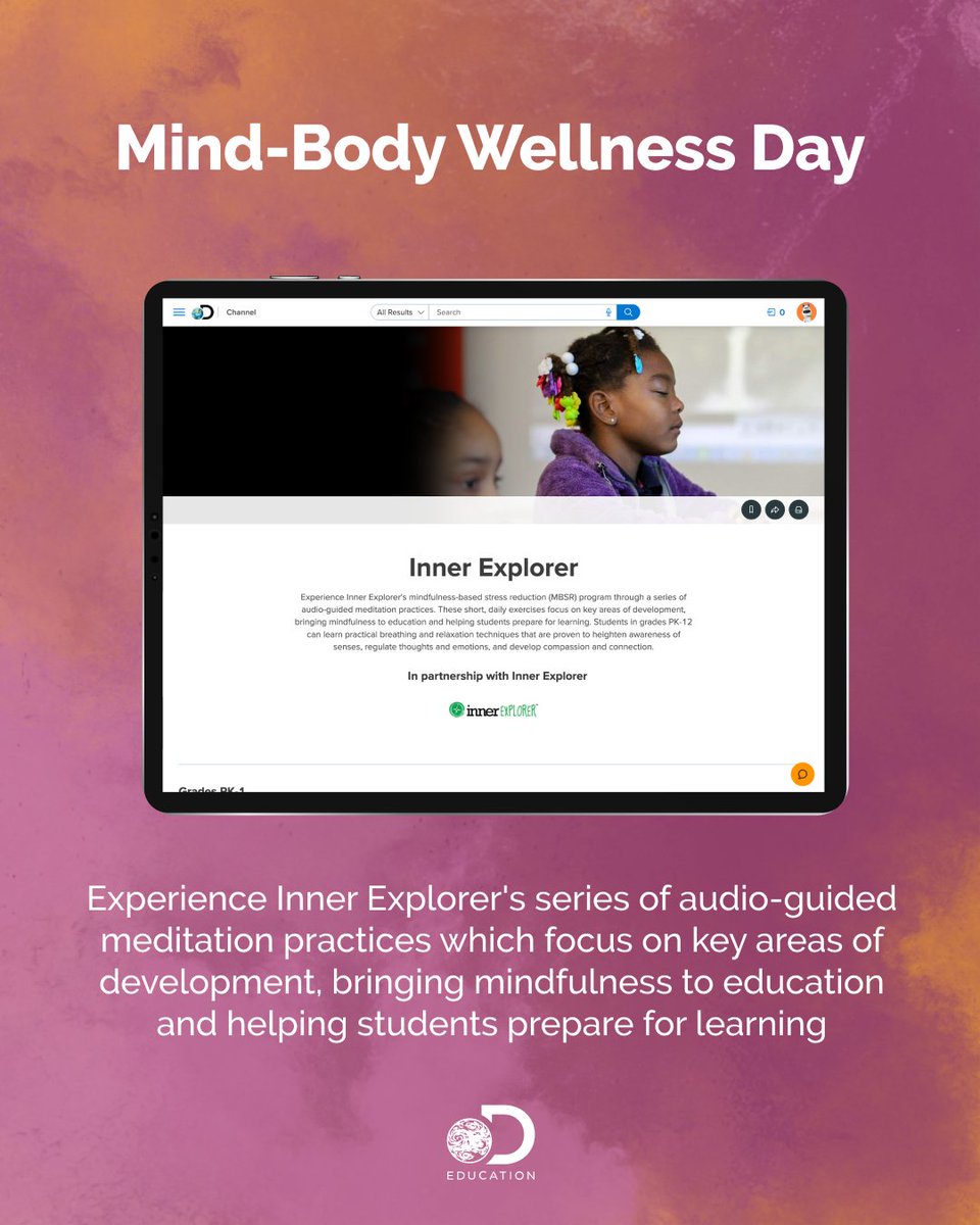 DiscoveryEd's tweet image. 😌 Explore @Inner_Explorer&apos;s mindfulness-based stress reduction program through a series of audio-guided meditation practices found in the DE platform for Mind-Body Wellness Day! – bit.ly/3C3tRR6

#Meditation #MindBodyWellness #Mindfulness