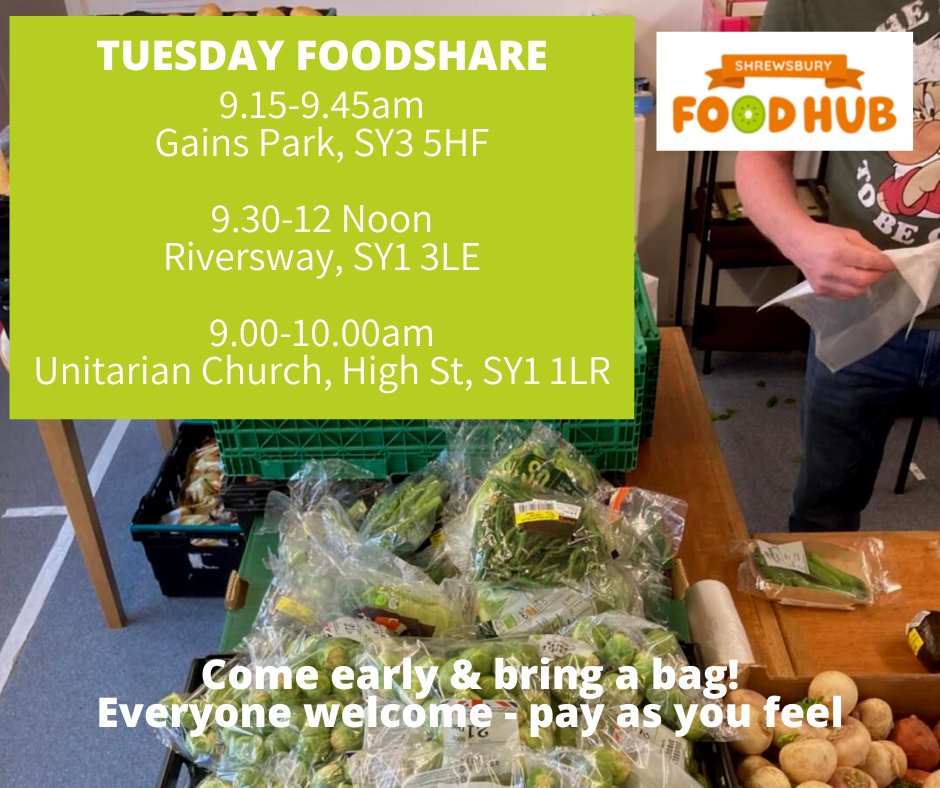 #Foodshares TOMORROW
Tues 10th Jan
👉Bicton Heath Community Hall, Pensfold, SY3 5HF
⏰9.15-9.45am
👉Riversway, Lancaster Rd, SY1 3LE
⏰9.30-12noon
👉Unitarian Church, High St, SY1 1LR
⏰9.30-10.15am 
Get good food put to good use 🥳
#TasteNotWaste #InBelliesNotBins #HubLove