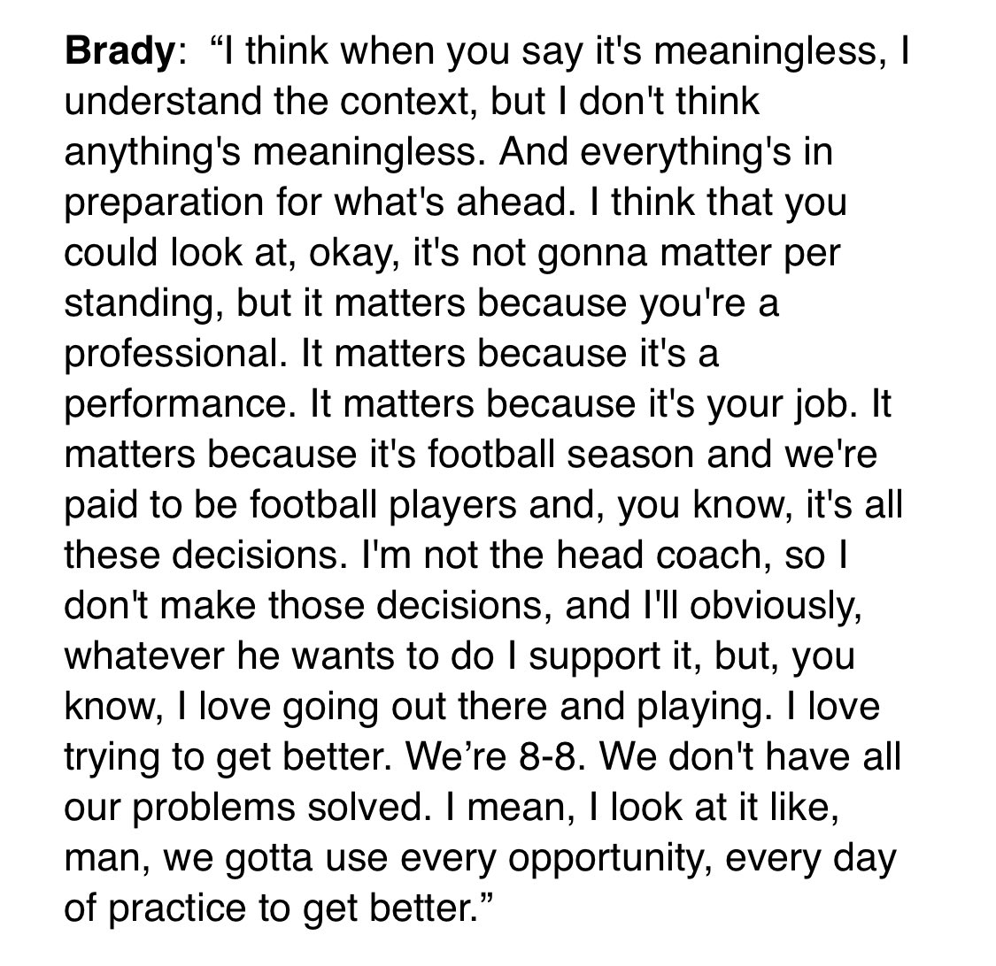 gregauman's tweet photo. Pretty thorough answer from Tom Brady on his @SIRIUSXM podcast about why he wants to play Sunday vs. Falcons even though Bucs’ playoff seeding is locked in: https://t.co/iUplNFPVwq