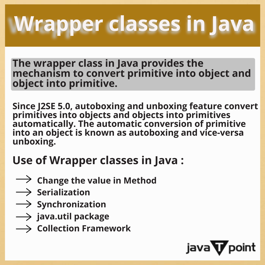 Bhavana83491661's tweet image. Wrapper classes in Java
.
.
.
visit:
bit.ly/3Ih4rDq
for more information
.
.
.
.
#wrapperclasses #garbagecollection #garbagecollector #java #programming #coding #c #cpp #javatpoint