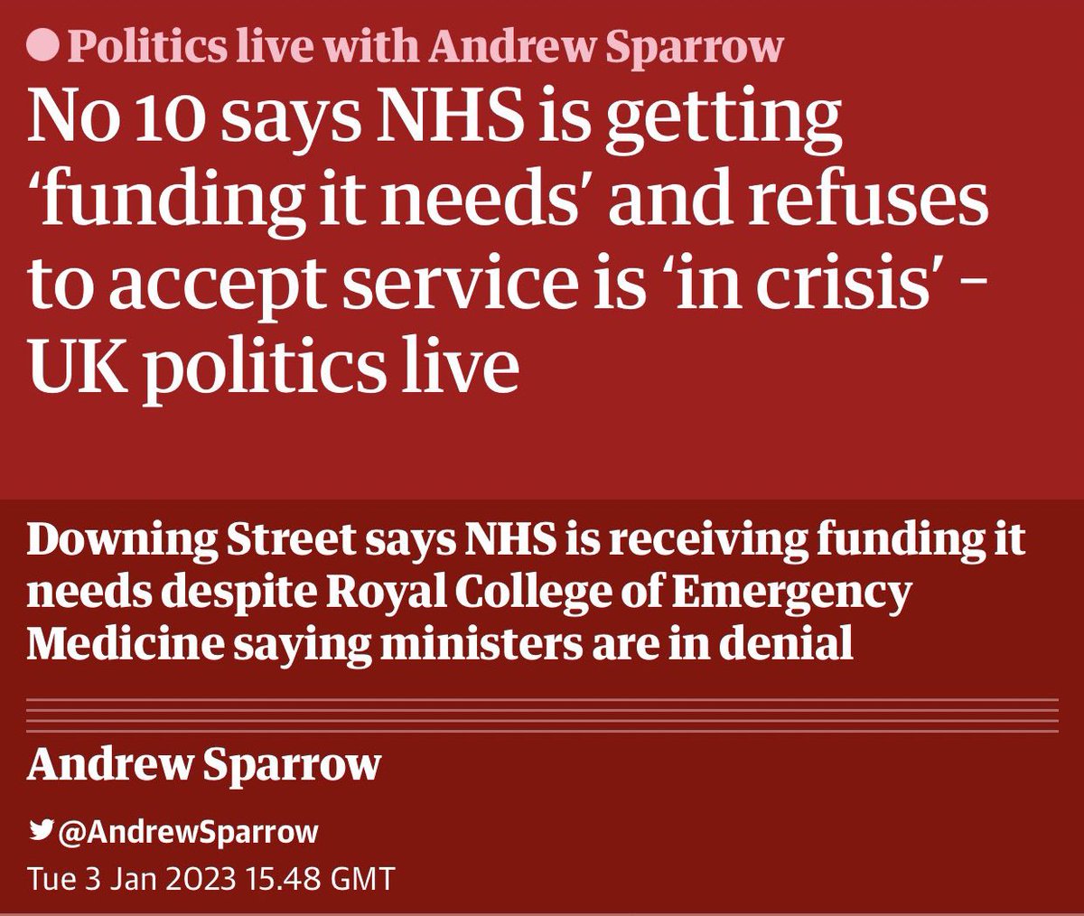 Tell that to those whose loved ones die in the back of ambulances waiting to enter overwhelmed A&amp;Es, those patients waiting hours for critical 999 ambulances or lying on A&amp;E floors, the doctors &amp; nurses burning out trying to keep a sinking NHS afloat 😡

#NHSOnLifeSupport