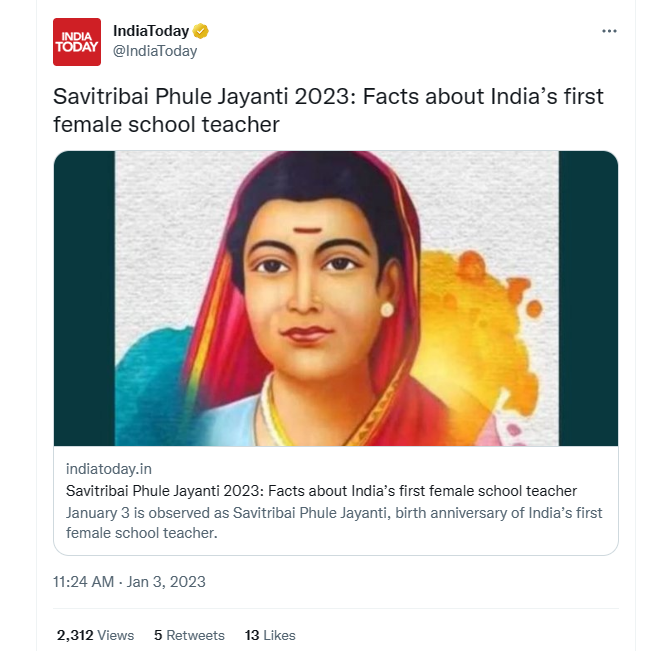 TrueIndology's tweet photo. From newsportals to journalists. From activists to politicians. We see everyone regurgitating this falsehood every year.

Savitribai Phule was NOT the first female teacher of India. She was also NOT the first woman to start a female school for girls.

https://t.co/2rHKk7A3YQ https://t.co/PEuUPQb7n9