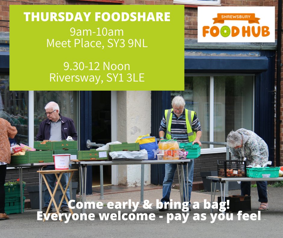 #Foodshares TOMORROW Everyone Welcome 😍
Thurs 12th Jan
👉Meet Place, Maesbrook Rd, SY3 9NL
⏰9.00-10.00am
👉Riversway, Lancaster Rd, SY1 3LE
⏰9.30am -12 noon
Please come along with a bag and get good food put to good use 🥰
#InBelliesNotBins #HubLove #TasteNotWaste