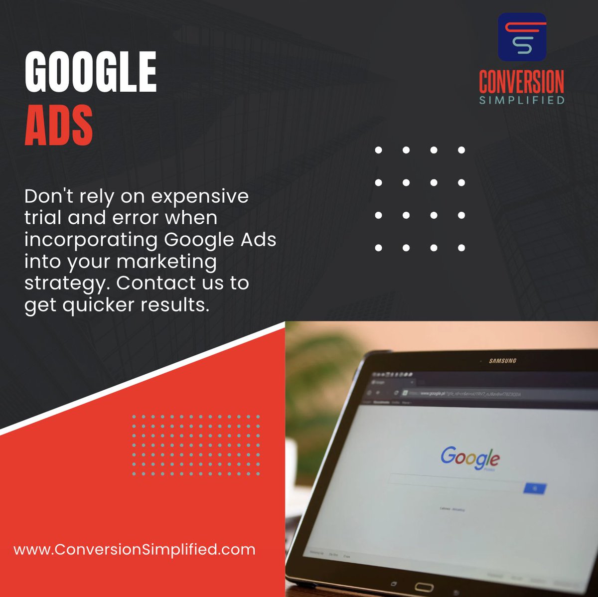 ConversionSimpl's tweet photo. Don't rely on the expensive "trial and error" technique when it comes to running Google Ads. Let our trusted and experienced team help you get the results you want.

https://t.co/7zIaH4SAty

#googleads #advertising #marketing #marketingtips #google #digitalmarketing https://t.co/UYfvCrJLW7