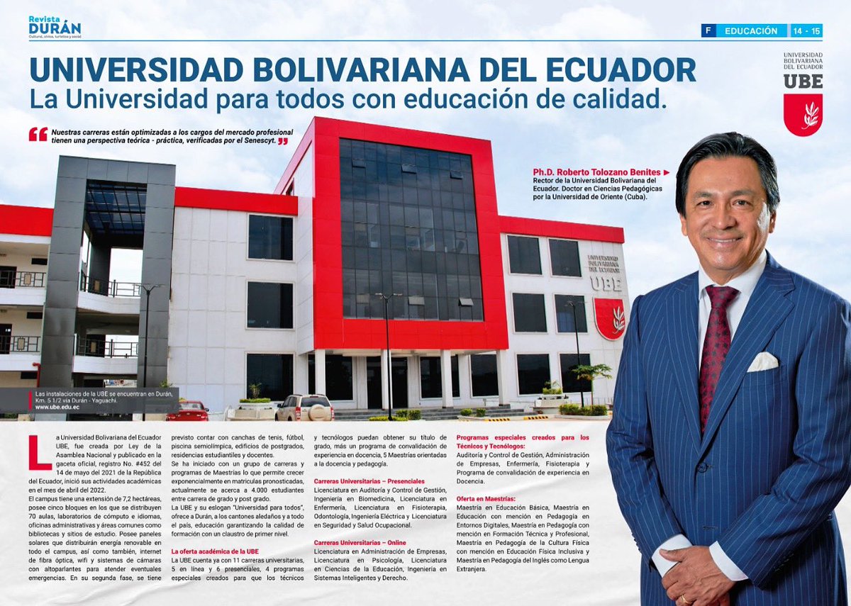 #UbeEnMedios | Compartimos con la comunidad universitaria el publirreportaje de la <a href="/revistaduran/">Revista DURÁN</a>, donde el Ph.D. <a href="/rtolozano2/">Roberto Tolozano</a>, rector de la <a href="/UbeEcuador/">UBE | Universidad Bolivariana Del Ecuador</a> informa sobre la infraestructura y oferta académica vigente de la institución.