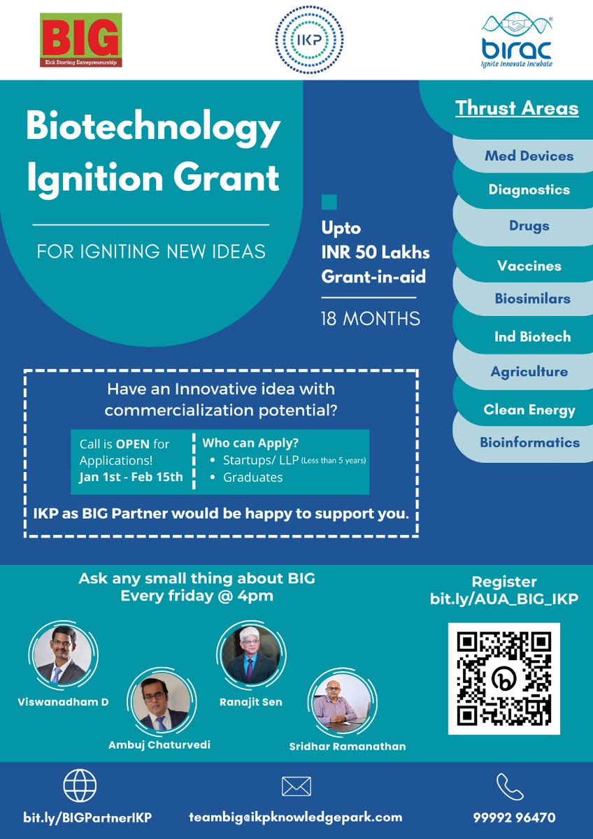 The Biotechnology Ignition Grant (BIG) Call is open. @IKP_SciencePark as a BIG Partner of @BIRAC_2012 would be happy to assist you in the application process You can register @ bit.ly/AUA_BIG_IKP for Ask Us Anything Session, every Friday @ 4 pm.