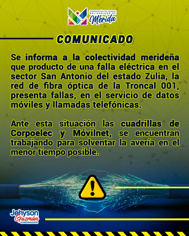 #COMUNICADO

Se informa a la colectividad merideña que, producto de una falla eléctrica en el sector San Antonio del estado Zulia, la red de fibra óptica de la Troncal 001 presenta fallas en el servicio de datos móviles y llamadas telefónicas. 1/2