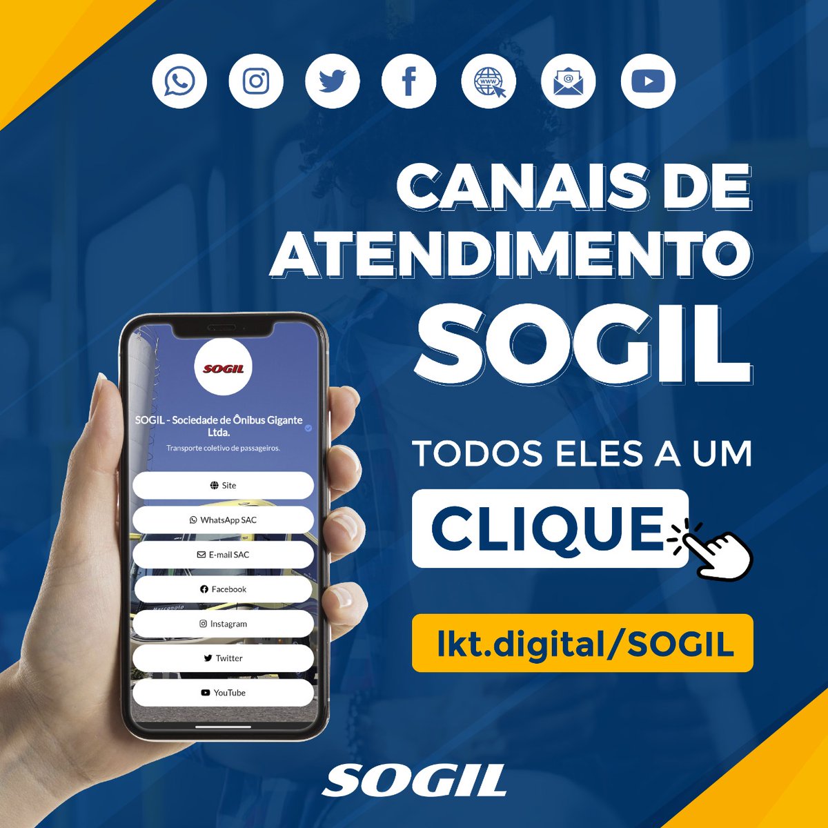 SOGIL_Oficial's tweet photo. #Atendimento 📱 🚍
Para facilitar o seu acesso a mais informações, a #SOGIL reúne todos os seus canais de atendimento em um só lugar! 🚍
👉 Acesse https://t.co/cTXuW5H5Th e confira 😉
#SACSOGIL #InformaçãoSOGIL #CanaisDeAtendimento https://t.co/ujQ2KmokmX