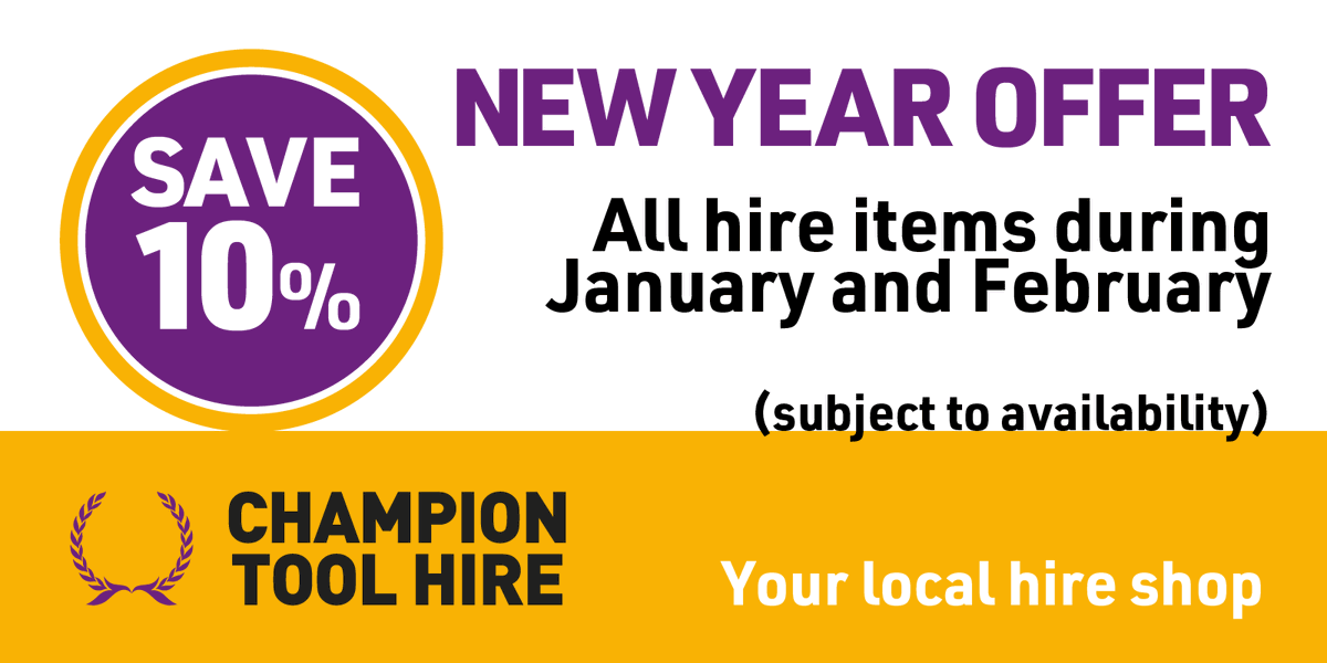 Happy New Year and best wishes for 2023 from us all at Champion Tool Hire!

We thought we'd start the year with an offer from for January and February to kick-start your project plans.

10% off all hire prices.

championtoolhire.co.uk/offers/