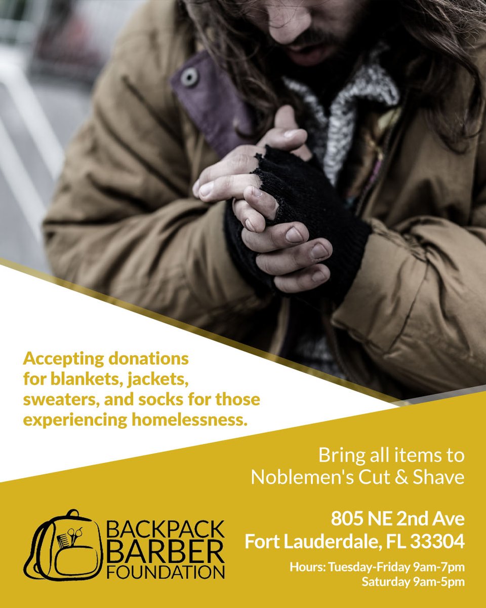 backpack_barber's tweet photo. Happy New Year once again! We will be passing out cold-weather gear to the #homeless in our community in the coming weeks, so we need donations ASAP! Please drop off blankets, jackets, sweaters, socks, and any other cold weather gear 805 NE 2nd Ave, Fort Lauderdale, FL 33304. https://t.co/eBBXR5Cknl