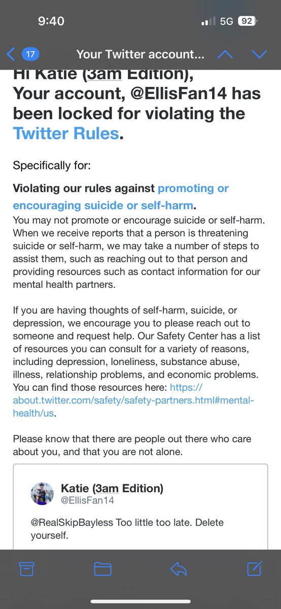 Katie98d's tweet photo. Lmao my main acct got restricted because I told someone to delete their account. WTF? https://t.co/CcZJkxo8Zm