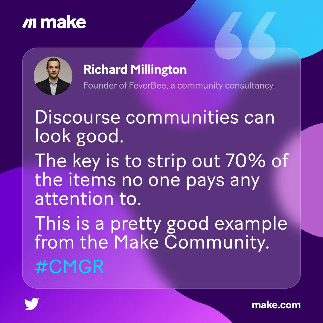 make_hq's tweet image. We appreciate the kind words @RichMillington! 

We designed the #MakeCommunity to inspire our users and give everyone the chance to benefit from the collective knowledge of all Makers. 💡

There's so much to discover, so come, join us 👉 community.make.com