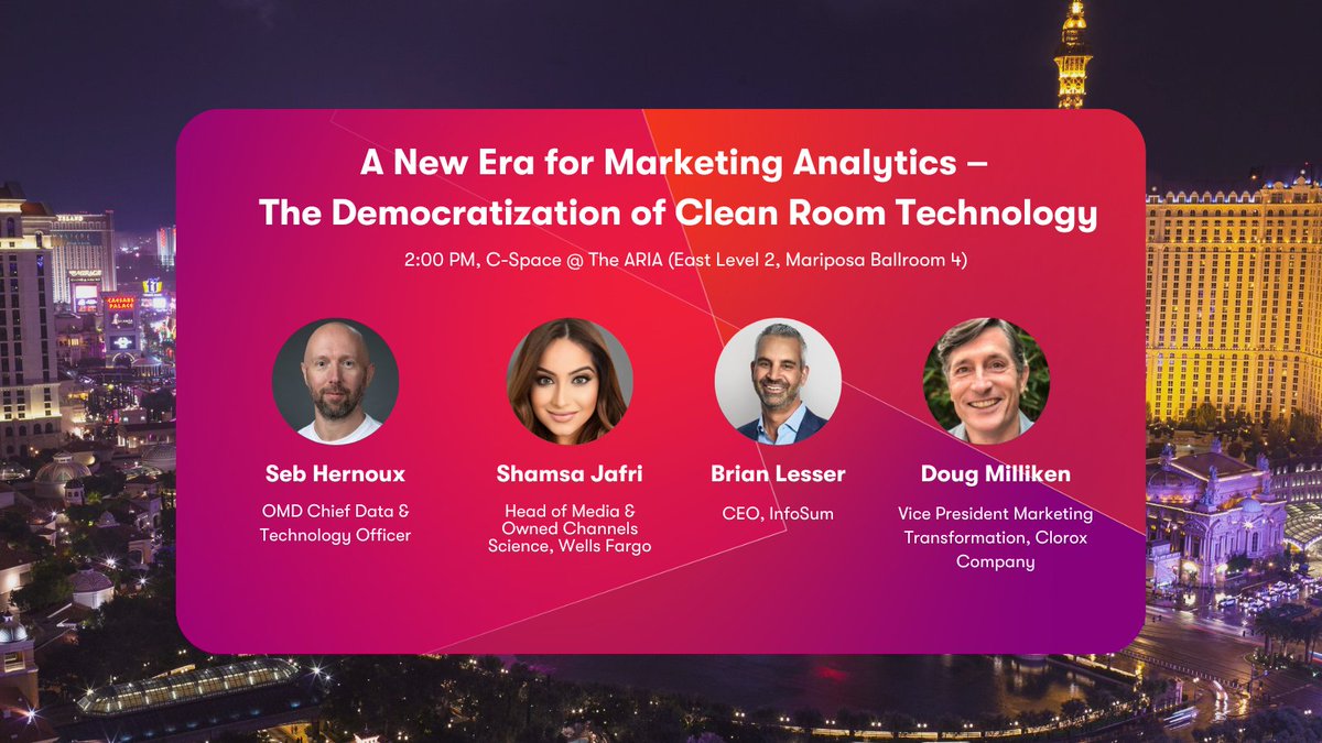 OMD USA (@omd_usa) on Twitter photo Headed to CES? Please save the date for a front-row seat to OMD's expert panel as we debunk the complex perception of cleanroom technologies. Hear success stories from <a href="/WellsFargo/">Wells Fargo</a>, <a href="/CloroxCo/">The Clorox Company</a>, and <a href="/InfoSum/">InfoSum</a>. Register here: bit.ly/3jJMTFC
#CES2023 Headed to CES? Please save the date for a front-row seat to OMD's expert panel as we debunk the complex perception of cleanroom technologies. Hear success stories from <a href="/WellsFargo/">Wells Fargo</a>, <a href="/CloroxCo/">The Clorox Company</a>, and <a href="/InfoSum/">InfoSum</a>. Register here: bit.ly/3jJMTFC
#CES2023
