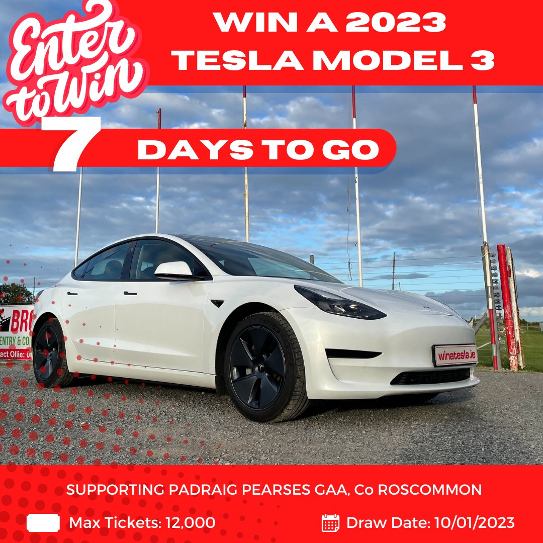 It’s the final week, 7 days to go until someone wins a brand-new Tesla. If you haven’t entered then you need to be quick - winatesla.ie