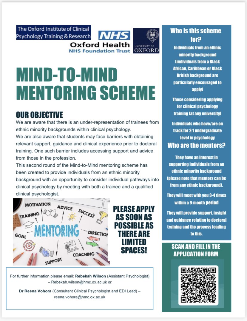 Dr Reena Vohora (@reenavohora) on Twitter photo ✨Applications are now open for our course mentoring scheme for aspiring psychologists from minority ethnic backgrounds ✨ please apply as soon as possible if interested!
forms.office.com/Pages/Response…
<a href="/oxicpt/">Oxford Institute of Clinical Psychology Training</a> <a href="/psalkovskis/">Paul Salkovskis</a> <a href="/BIPPNetwork/">BiPP Network</a> <a href="/MinoritiesGroup/">Minorities Group</a> ✨Applications are now open for our course mentoring scheme for aspiring psychologists from minority ethnic backgrounds ✨ please apply as soon as possible if interested!
forms.office.com/Pages/Response…
<a href="/oxicpt/">Oxford Institute of Clinical Psychology Training</a> <a href="/psalkovskis/">Paul Salkovskis</a> <a href="/BIPPNetwork/">BiPP Network</a> <a href="/MinoritiesGroup/">Minorities Group</a>