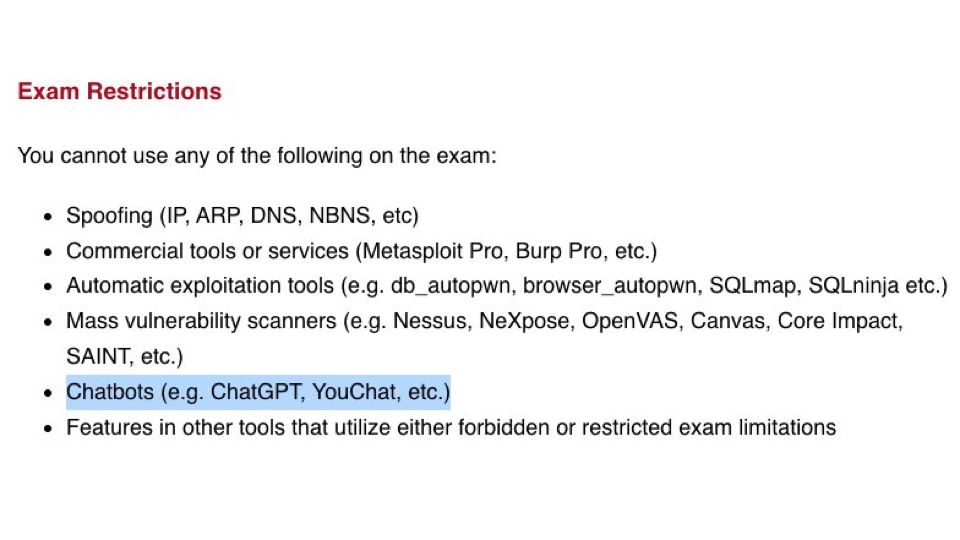 HackerSploit's tweet photo. OSCP restrictions updated. #chatgpt https://t.co/DRfmkFqVPk