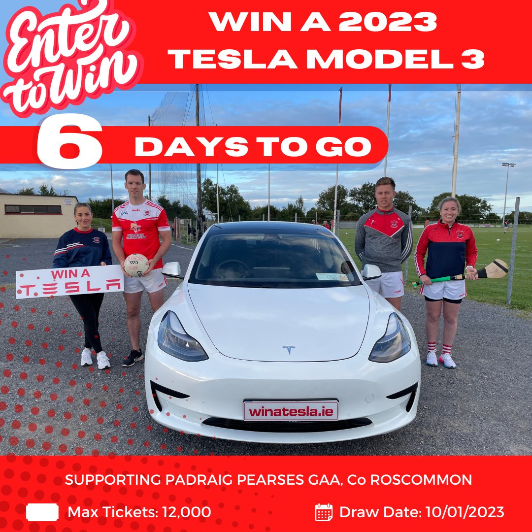 There are just 6 days to go until our <a href="/propearses/">Pádraig Pearses GAA</a> #WinATesla draw takes place! 🚗 For your chance to win a brand new Tesla Model 3, get your ticket here ➡ winatesla.ie