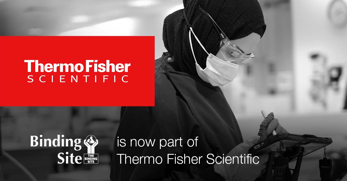 thermofisher's tweet photo. Thermo Fisher is excited to announce we completed the acquisition of @TheBindingSite, a global leader in specialty diagnostics. Together, we will enable greater innovation for the benefit of patients and customers. Learn more here: https://t.co/eNT6uwIytY https://t.co/6o6a0FANwO