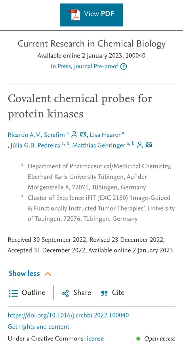 Happy for sharing our most recent (open access) review paper! @uni_tue 
Check it out! 
Ps: my first as corresponding author 😊 
doi.org/10.1016/j.crch…

#ChemicalProbes
#MedicinalChemistry
#ChemicalBiology
#DrugDesign
#DrugDiscovery
#CovalentInhibitors
#CovalentWarheads