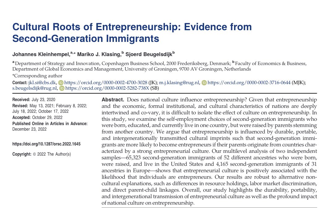 “Entrepreneurship has deep cultural roots”

Second-generation immigrants whose parents come from places where entrepreneurship is common are much more likely to be founders, even controlling for other factors. The paper argues it is culturally transmitted. pubsonline.informs.org/doi/full/10.12…