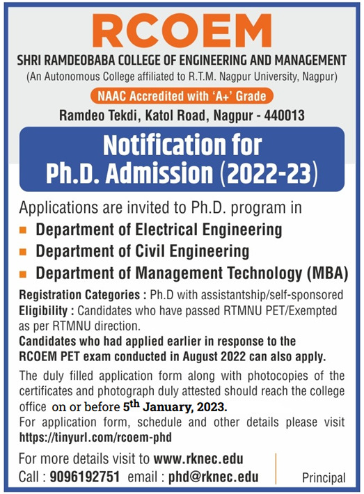 RBU_Official's tweet photo. #RCOEM is currently accepting applications for Ph.D. programs (2022-23) in various departments.
Last date for form submission is 5th Jan 2023. For more information,

please visit https://t.co/6rybz80JRO

#PhD #phdapplications #applicationforphd #phd2023 https://t.co/4OMM25ePjB
